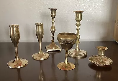 Vintage Brass Candlesticks Lot Of 6 Various Sizes Designs Patinas (6CS) • $28