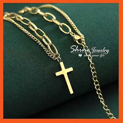 9k Gold Gf Cross Pendant Mens Womens Curb Belcher Ring Asymmetry Chain Necklace • $10.90
