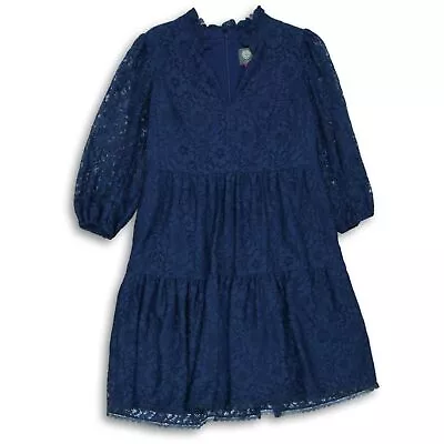 Vince Camuto Womens Blue Floral Lace Puff Sleeve Tiered Fit & Flare Dress Size 8 • $12.34