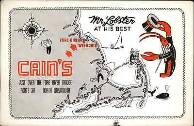 North Weymouth MA Cain's Mr. Lobster Cape Cod Map Vintage Postcard • $6.63