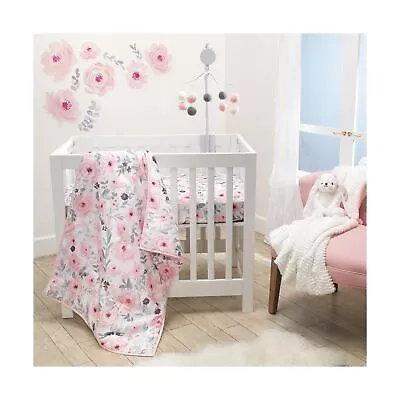 Bedtime Originals Blossom Pink Watercolor Floral 3-Piece Mini Crib Bedding Set • $78.63