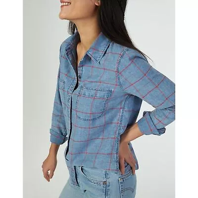 Faherty Women's Windowpane Plaid Chambray Shirt Size Large Button Up Long Sleeve • £47.50