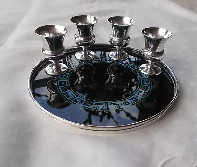 Gorham Sterling Silver 4 Cordial Shot Cups 1311 & Greek Key Glass Trivitray 1324 • $160