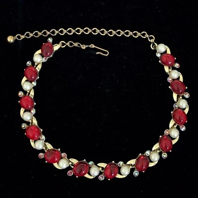 $24.99 • Buy Vintage Jelly Belly Cabochon AB Rhinestone Faux Pearl Gold Tone Necklace Jewelry