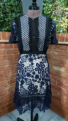 LIQUORISH Crochet Dress Size 10 38 Navy Blue Black Lace Lined Short Sleeve Maxi • £19.50