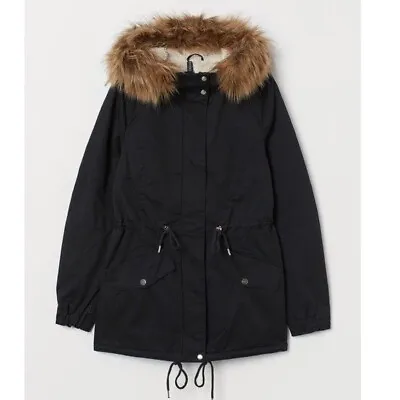 NWT H&M X Divided Pile-lined Parka Jacket Black Removal Fur Black SZ-8 • $65