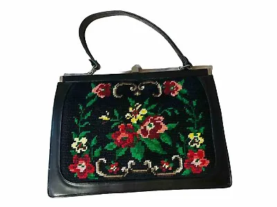 Vintage Tapestry Handbag Black Floral Purse Needlework • $45
