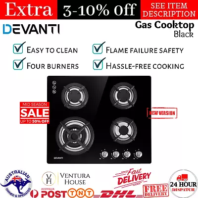 4-Burner Natural Gas Cooktop Stove Hob Cooker LPG NG 60cm Ceramic Glass Cook Top • $242.89