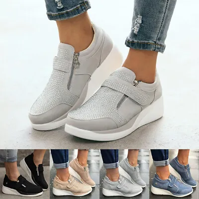Womens Rhinestone Wedge Zip Trainers Sports Sneakers Ladies Comfort Shoes HOT UK • £13.28