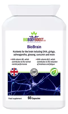 BioBrain-Natural NOOTROPIC-Brain Food Supplement-Mental Performance-60Caps-UK • £21.99