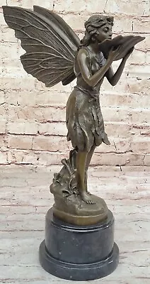 100% Solid Bronze Statue Art Nouveau Garden Fairy Angel W/ Wings SIGNED MILO NR • $234.50