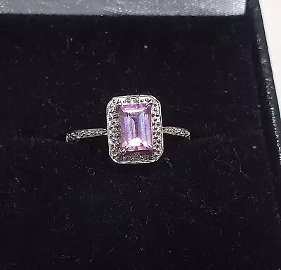 9ct 375 White Gold Emerald Cut Pink Sapphire Halo Ring • £80