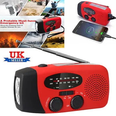 Portable Solar Hand Crank Radio Receiver Mini AM/FM Weather Radio Flashlight • £15.98