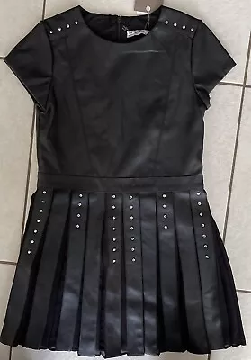 NWT Mayoral Chic Girls Black Faux Leather Studded Dress Size 10 140cm • £60.23