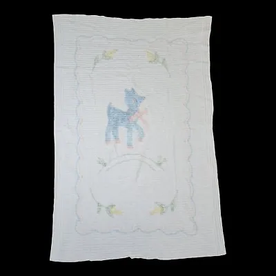 Vintage Chenille Baby Crib Blanket 1950s Lovey Deer Fawn Blue Pink Floral Flower • $24.98