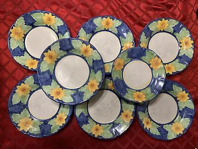 Solimene Vietri Italy Pottery Dinner Plate Set Of 8 Sunflowers Cobalt Blue * • $50