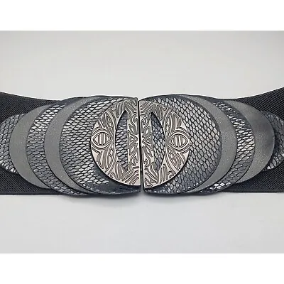 £16.27 • Buy Black Thick Elastic Waist Retro Belt Size L XL Metal Statement Buckle Easy Clasp