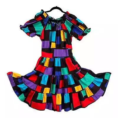 VTG Rockabilly Dress Women M/L Check Multicolor Rainbow Circle Skirt Puff Sleeve • $69.99