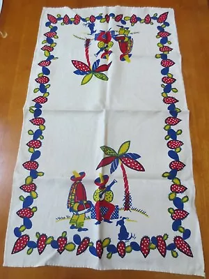 Vtg Mexican Print Linen Tea Towel Sombreros Blooming Cactus  Dog Palm Tree • $10