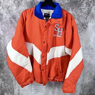 Vintage 90s Puffer Jacket Mens Medium Orange White Made In USA Holloway Jacket • $18.99