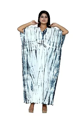 $43.51 • Buy Indian White Cotton Shibori Night Maxi Caftan Dress Women's Clothing Kaftan AU