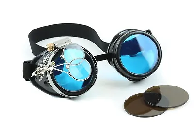 Steampunk Goggles Crazy GCG Burning Man Cosplay Costume 16X Magnifying Blue Lens • $17.99