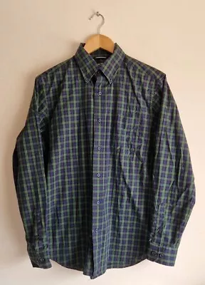 Nautica Shirt Mens Medium Green A Bit Trimmer Plaid Tartan Smart Cotton • £1.49