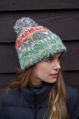 £21.95 • Buy Pachamama Hazy Herdi Bobble Beanie, Hand Knitted, Lined, Wool And Mohair Blend