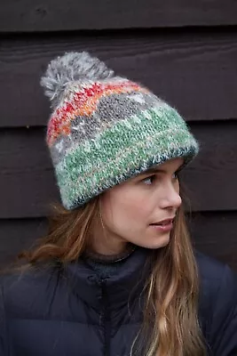 Pachamama Hazy Herdwick Bobble Beanie Hand Knitted Lined Wool & Mohair Blend • £18.36