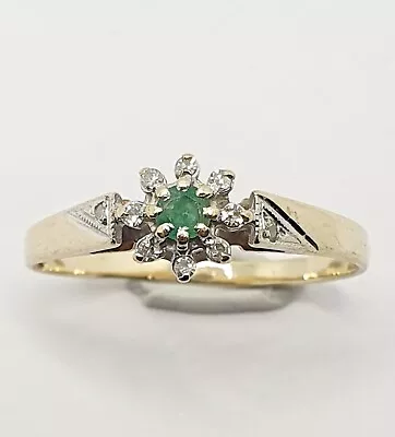 £90 • Buy 9ct Emerald & Diamond Cluster Flower Ring  Diamond Shank Yellow Gold Size Q
