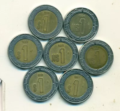 7 BI-METAL 1 PESO COINS From MEXICO (1993/1994/1995/1996/1997/1998/1999) • $2.99