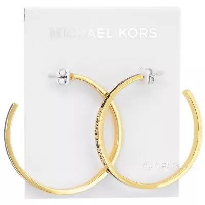 Michael Kors Womens Large Hoop Earrings Gold Brass Black Enamel Logo • $49.91