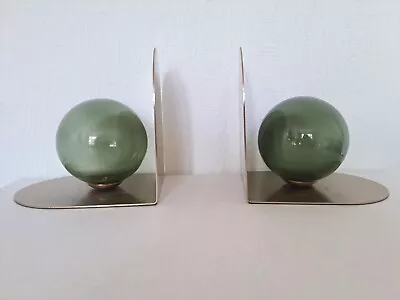 Habitat Citrine Bookends Vintage Style Green Glass Ball Gold Metal Stand • £40