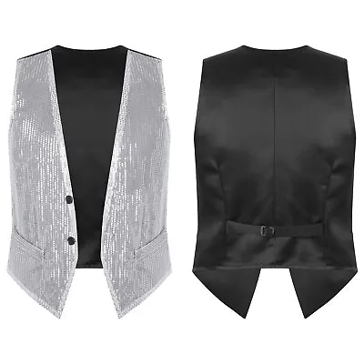 UK Men Women Shiny Sequin Blazer Vest Waistcoat Sleeveless Jacket For Party Club • £18.75