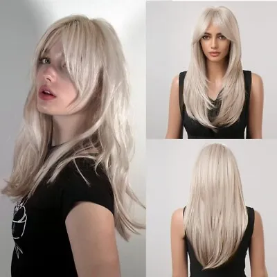 Light Ash Blonde Wig Layered Fringe Long 21 Inches Stylish Fashion Alopecia Hair • £23