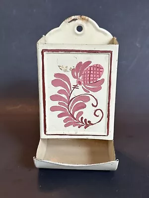 Vintage 1940s Metal Tin Enamelware Matchbox Stick Holder White Flowers 6 In • $20
