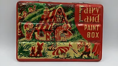 Rare Large Vintage Lithograph Tin Paint Box Fairy Land Mushroom Fairycore Tale • $110