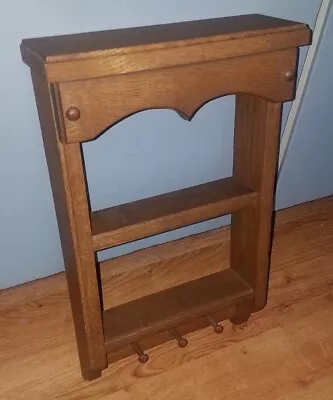 SOLID OAK Vintage 2 Tier Wall Display Shelf W/3 Hooks/Hangers! • $24