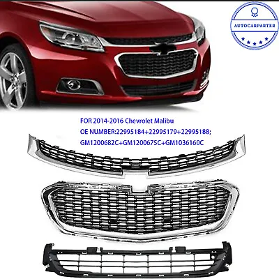 3PCS Fits 2014-2016 Chevrolet Malibu Front Upper/Center/Lower Grille Chrome Set • $88.09