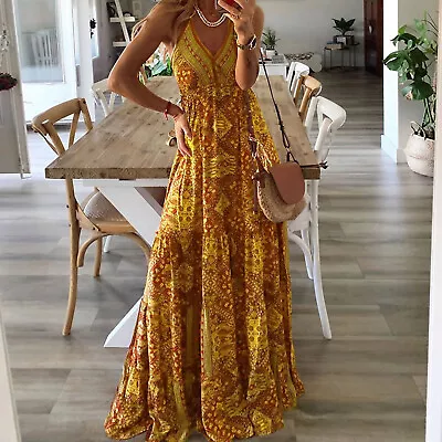 Womens V Neck Sling Floral Long Dress Sleeveless Bohemian Beach Long Dress • $28.72