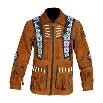 Men Native American Western Cowboy Leather Suede Jacket Eagle Fringes Beads- Zip • $119.99