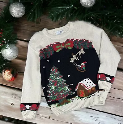 VTG Christmas Sweater Pullover Chunky Knit M Holiday Tacky Ugly Santa Reindeer • $29.99