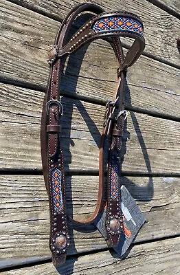 Circle Y Dark Oil Leather Western Browband Headstall W/beaded Inlay • $79