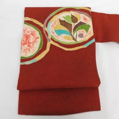 Japanese Kimono Nagoya Obi Silk Floral Pattern In A Circle Red 132.7inch Women's • £41.83