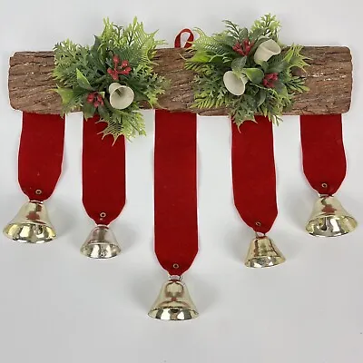 Vintage Christmas Hanging Yule Log Plastic Holly Bells On Ribbon Wall Hanger • $10