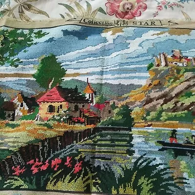 VTG Needlepoint Complete Unframed. French  Pecheurs  Country Scene  19  X 43  W • $91.99