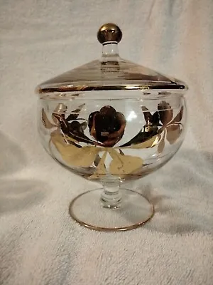 Vintage Elegant Glass Covered Candy Dish/Sugar Dish With Gold Trim/Accents  • $25