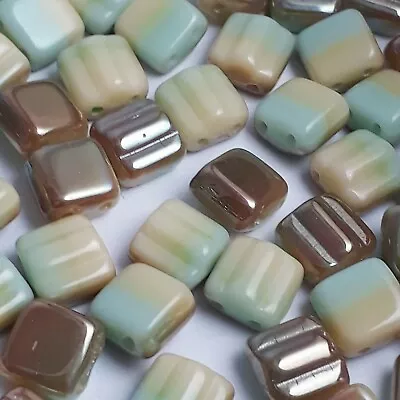 20pcs 2-Hole Yellow Green & Bronze Czech Glass Square Beads 6mm - GB274 • £3.80