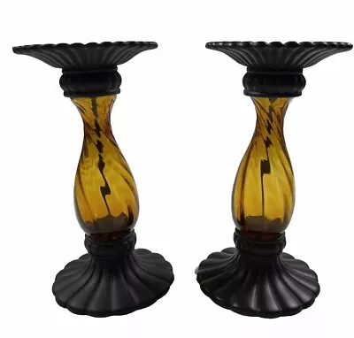 PARTYLITE GLOBAL FUSION Amber Glass Pillar Candle Holders Set Of 2 / 8” Tall • $45.95