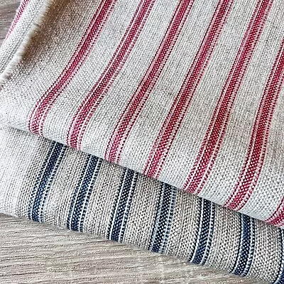 Harrop Stripe LINEN Blend Ticking Fabric Red/ Blue 135cm Wide  Price Per 1/2m • £8